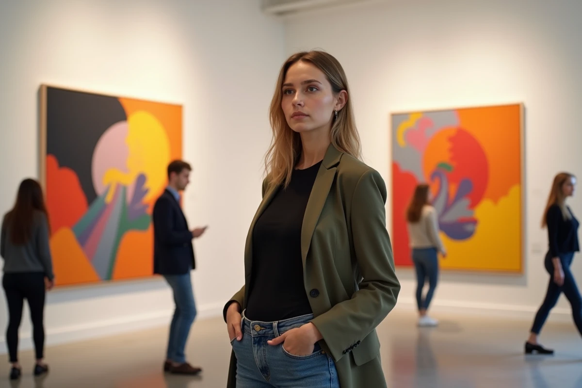 Artiste debout devant ses peintures abstraites dans une galerie