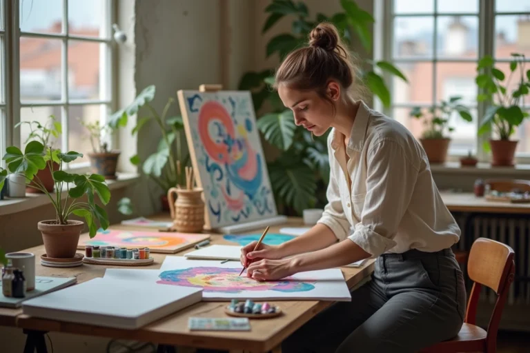 Femme en atelier peignant une toile abstraite colorée