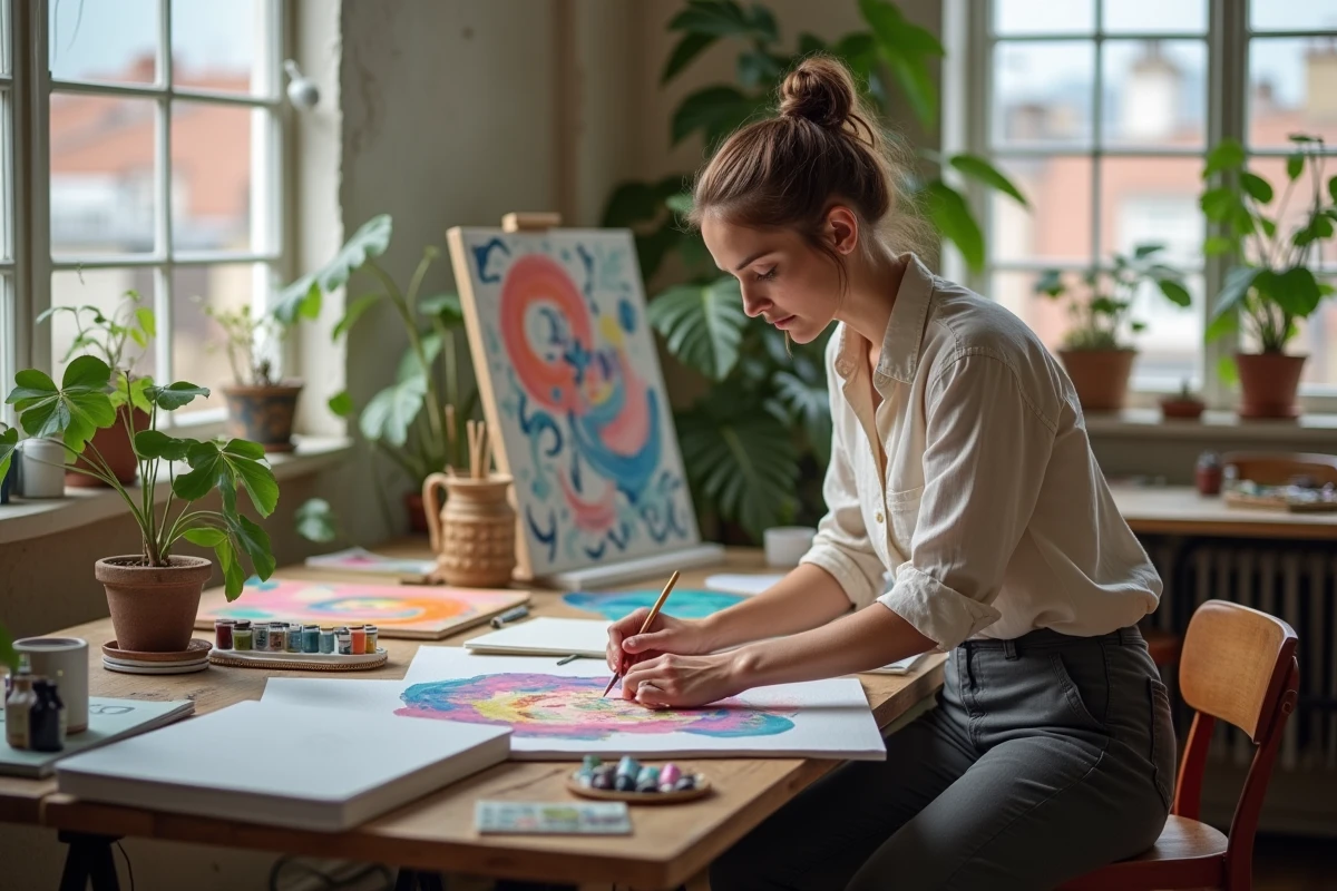 Femme en atelier peignant une toile abstraite colorée