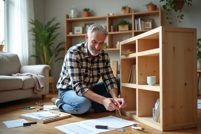 Homme d'âge moyen assemble une bibliothèque en bois dans un salon lumineux