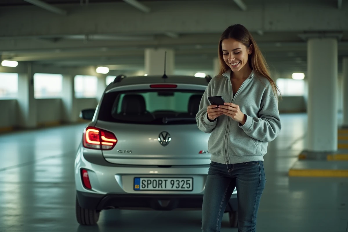 Femme consultant les avis utilisateurs d'Autofantom FR sur smartphone à côté de sa voiture dans un parking urbain