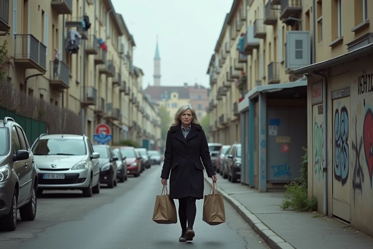 Femme marchant dans une rue de banlieue française avec immeubles résidentiels des années 70 en arrière-plan