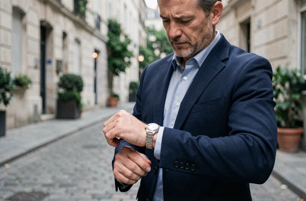 Homme en blazer marine portant un bracelet chaîne en or blanc dans une rue pavée européenne