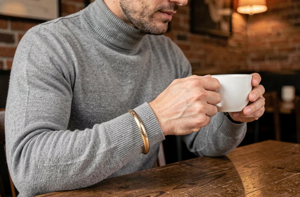 Homme en col roulé gris portant un bracelet jonc en or blanc dans un café artisanal avec murs en briques