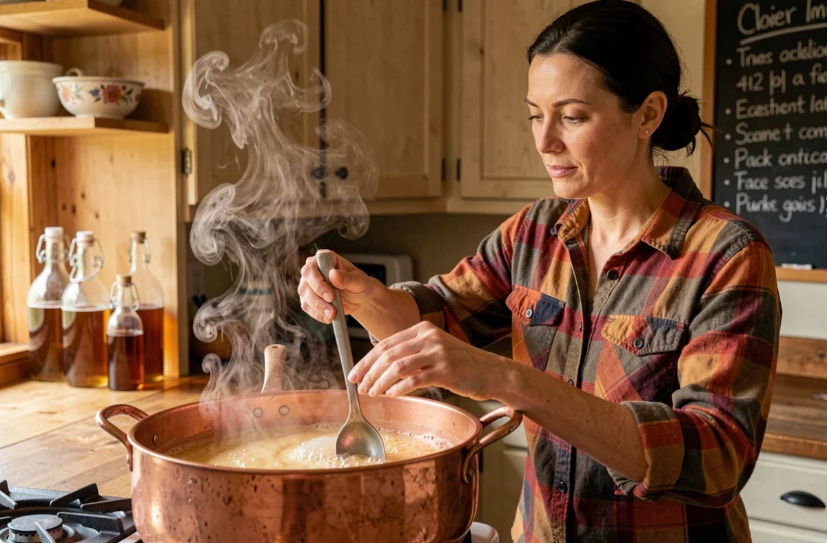 Femme brassant un moût de whisky artisanal dans une grande casserole en cuivre dans une cuisine de ferme
