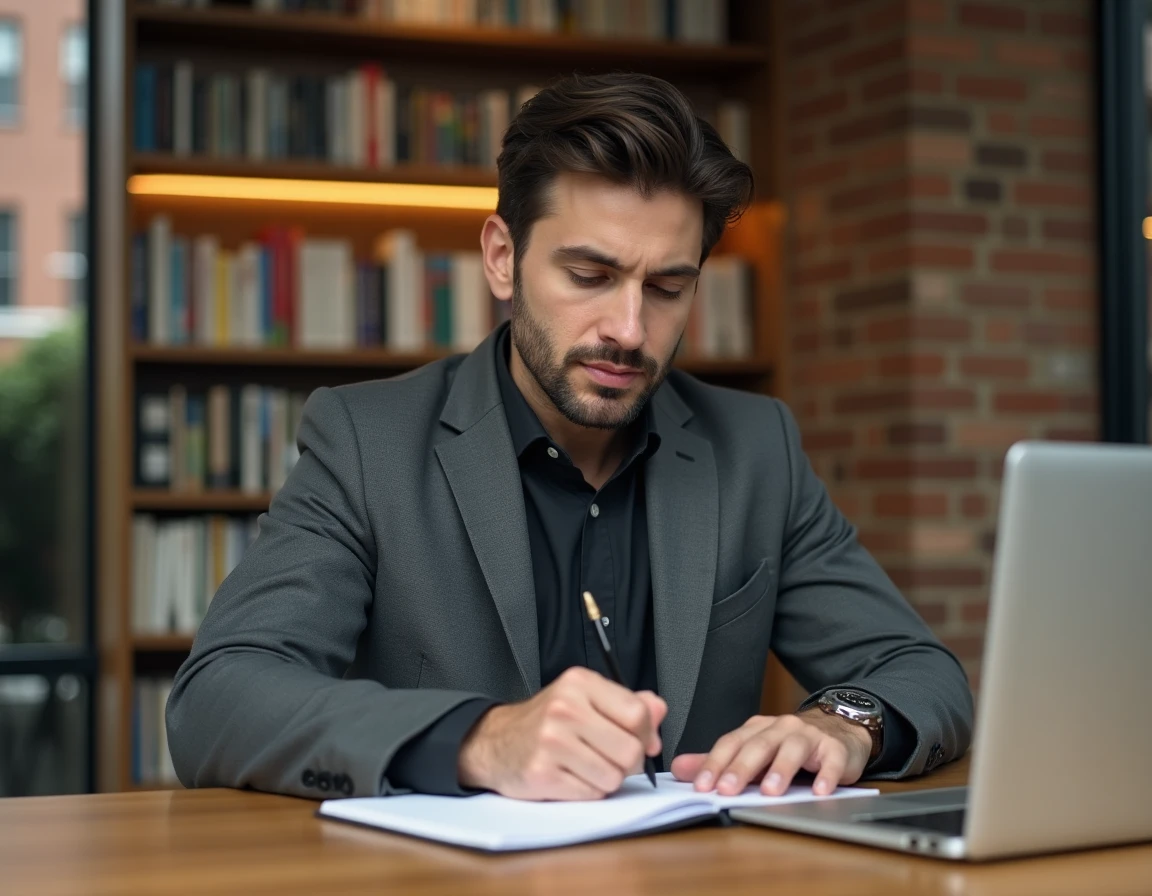 Cadre en formation spécialisée en management prenant des notes dans un espace d'étude d'école de commerce