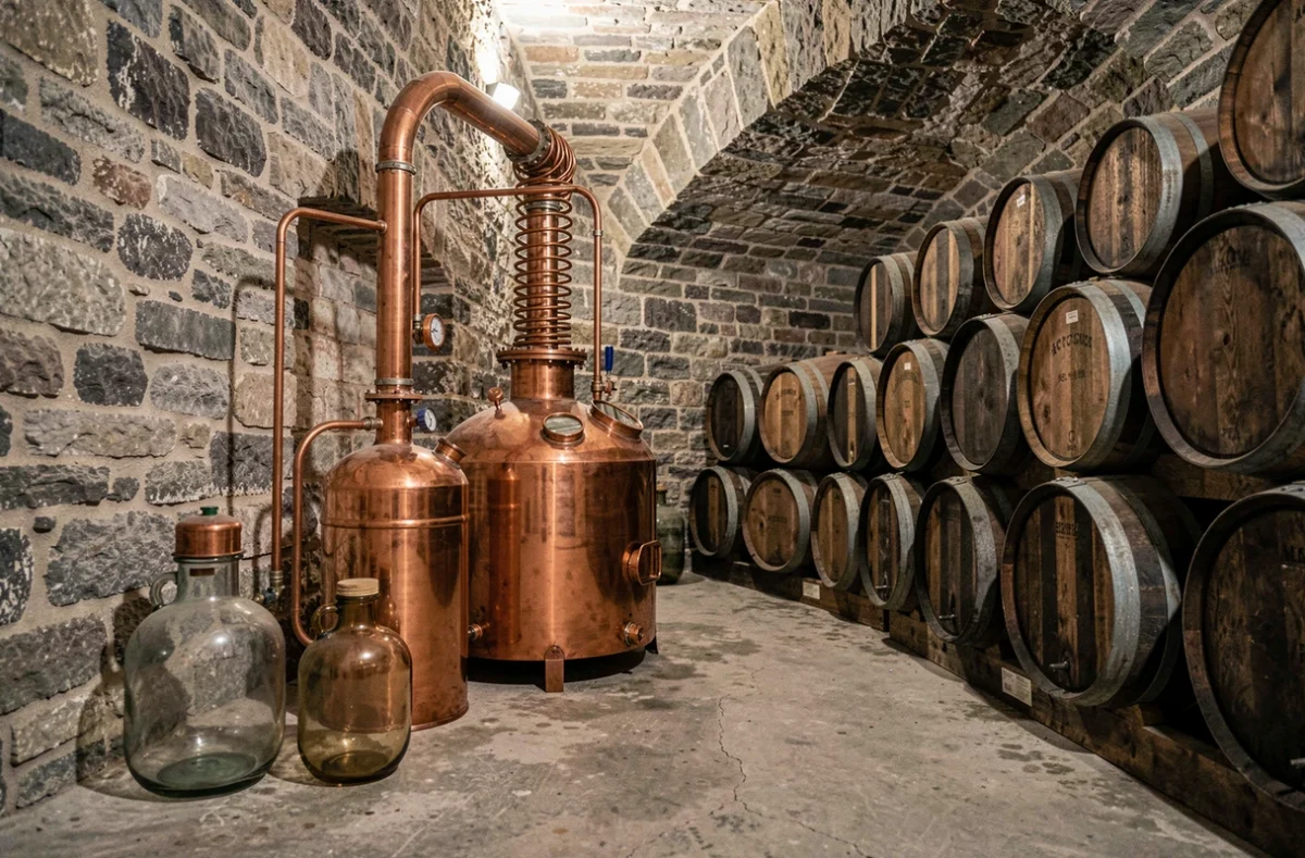 Cave de distillation artisanale avec alambic en cuivre, fûts de chêne et bonbonnes de fermentation pour fabriquer du whisky maison