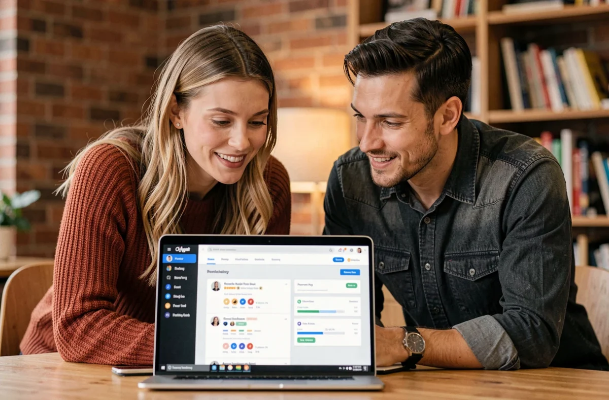 Deux collègues collaborant sur la plateforme Adivak dans un espace de coworking moderne
