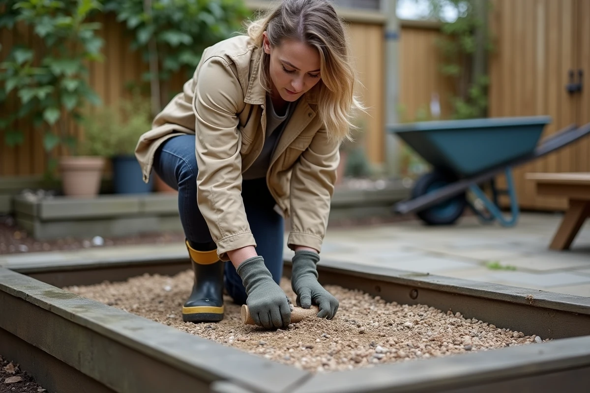 Femme compactant du gravier manuellement avec un dame à main dans un jardin aménagé