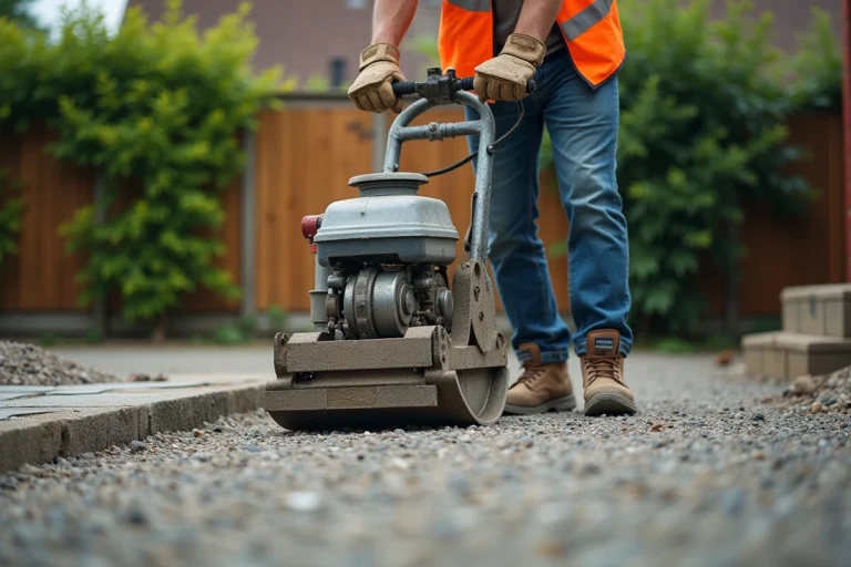Ouvrier utilisant une plaque vibrante pour compacter du gravier sur une allée résidentielle