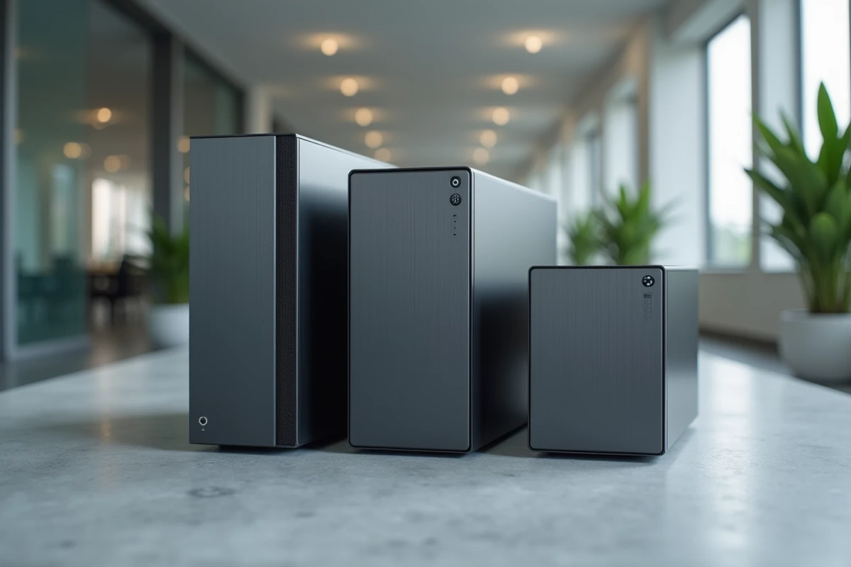Comparaison de trois types d'unités centrales d'ordinateur de formats différents — tour ATX, mini-ITX et petit facteur de forme — posées côte à côte