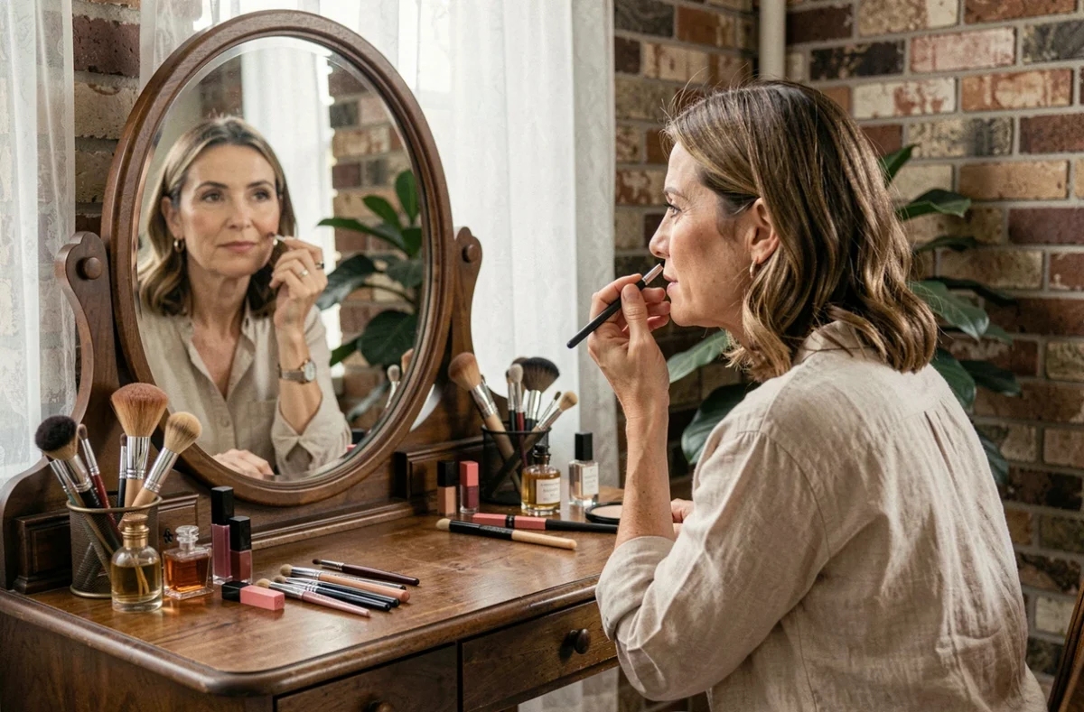 Femme mature se maquillant devant une coiffeuse vintage en bois avec des pinceaux et produits de maquillage