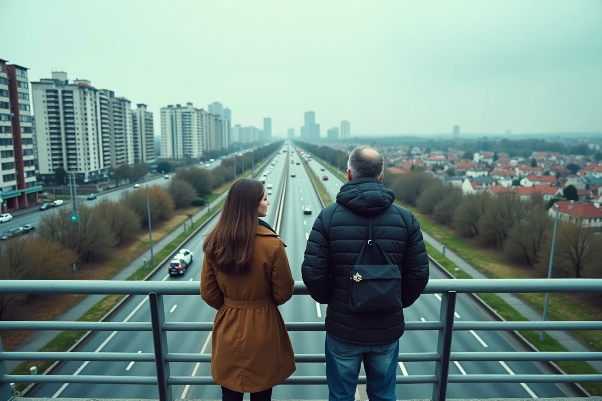 Vue contrastée depuis une passerelle piétonne entre une banlieue dense et un espace périurbain résidentiel en France