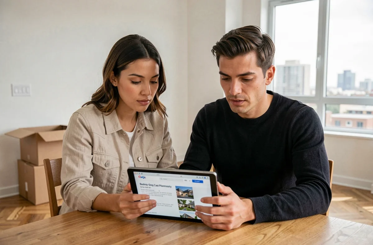 Couple consultant des avis en ligne sur une tablette dans un appartement neuf livré par un promoteur immobilier