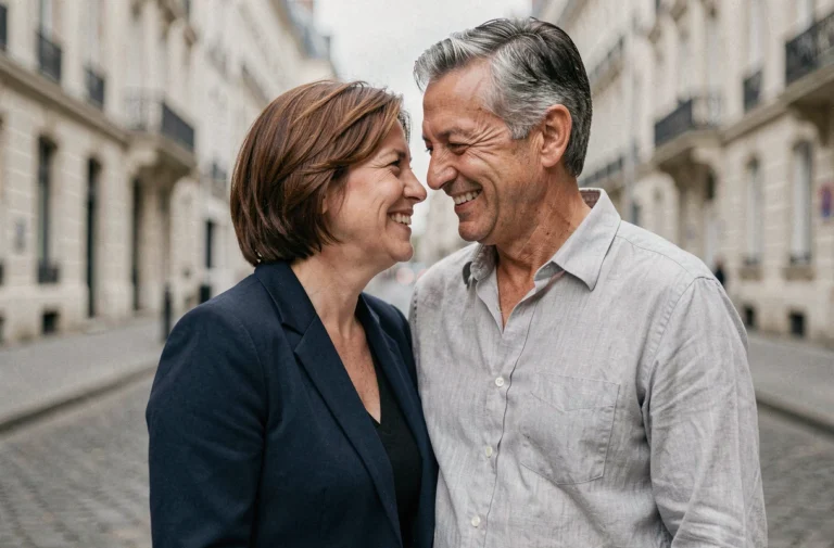 Couple discret et complice dans une rue parisienne pavée, partageant un moment de rire authentique