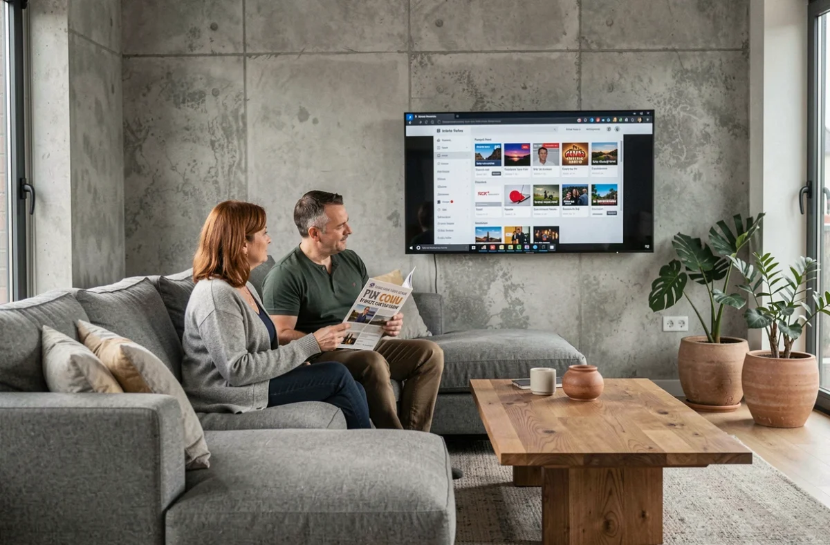 Couple consultan le guide TV Tele Z ensemble dans un salon contemporain devant leur télévision