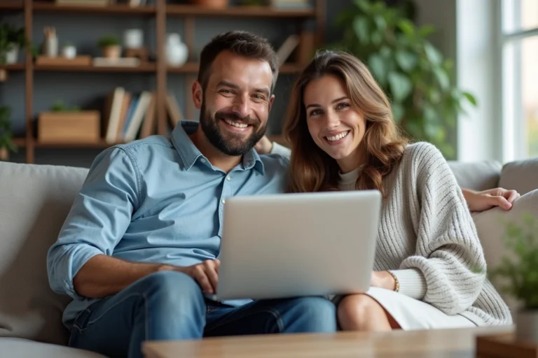 Couple souriant dans un salon moderne avec ordinateur portable