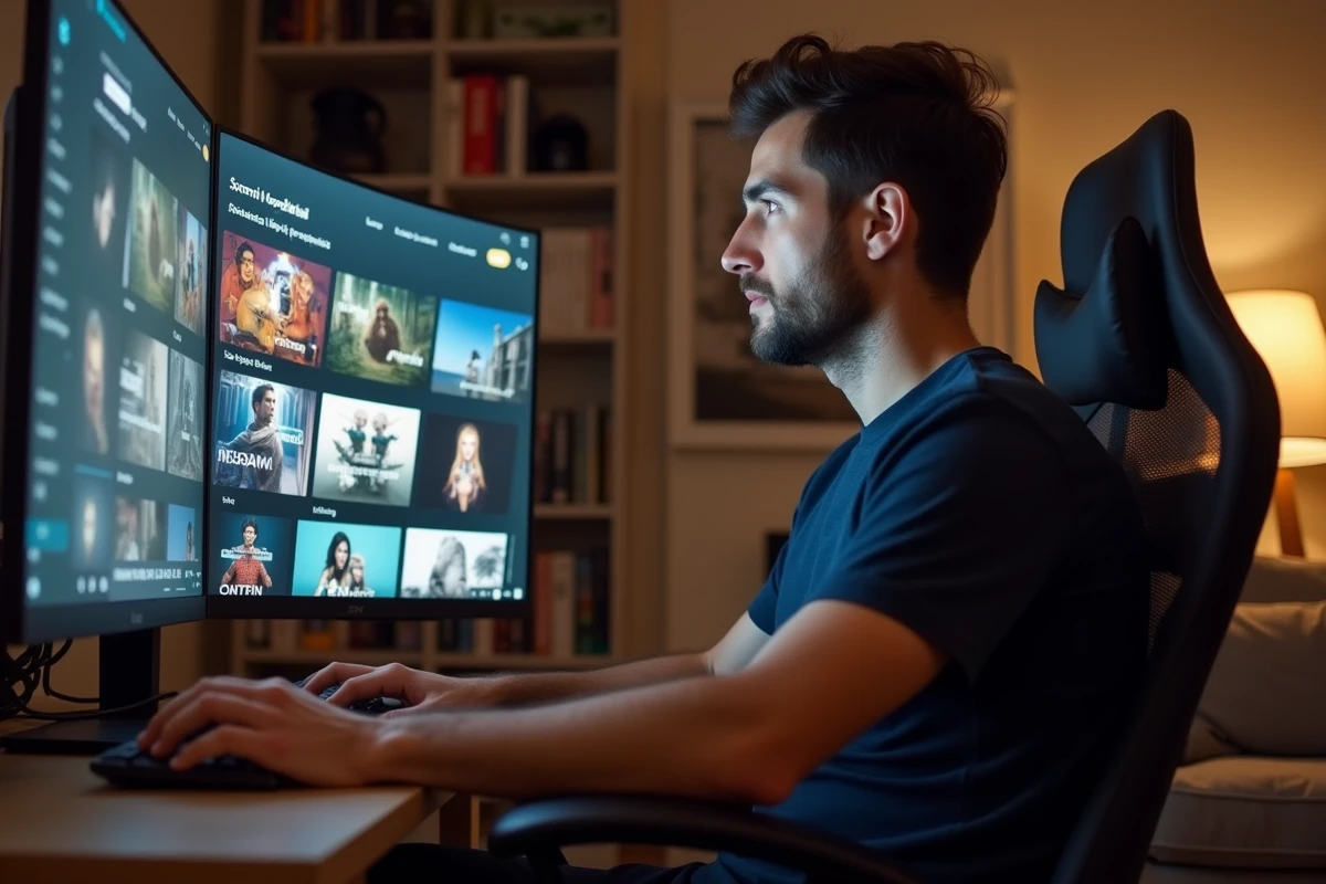 Un homme parcourant le vaste catalogue francophone de Cpasbien sur son ordinateur de bureau
