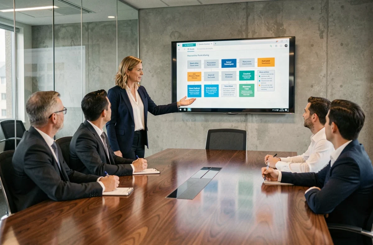 Dirigeante en formation management animant une réunion stratégique dans une salle de conférence moderne