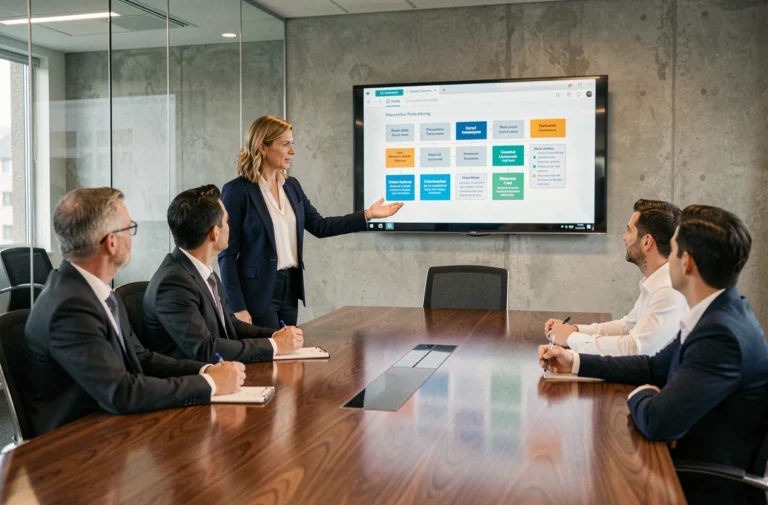Dirigeante en formation management animant une réunion stratégique dans une salle de conférence moderne