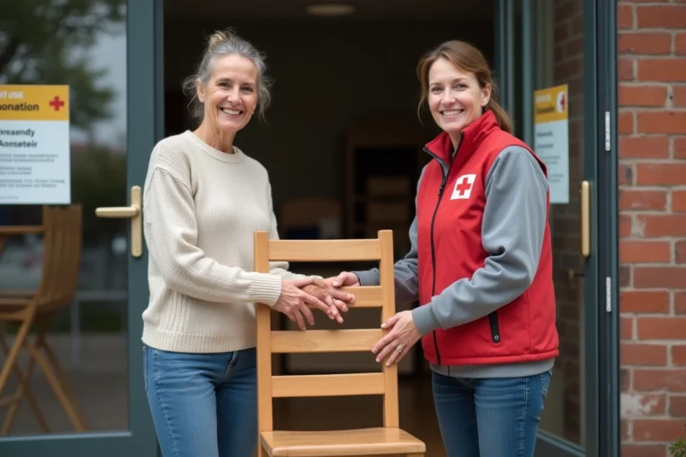Femme souriante donnant une chaise en bois à un bénévole de la Croix Rouge