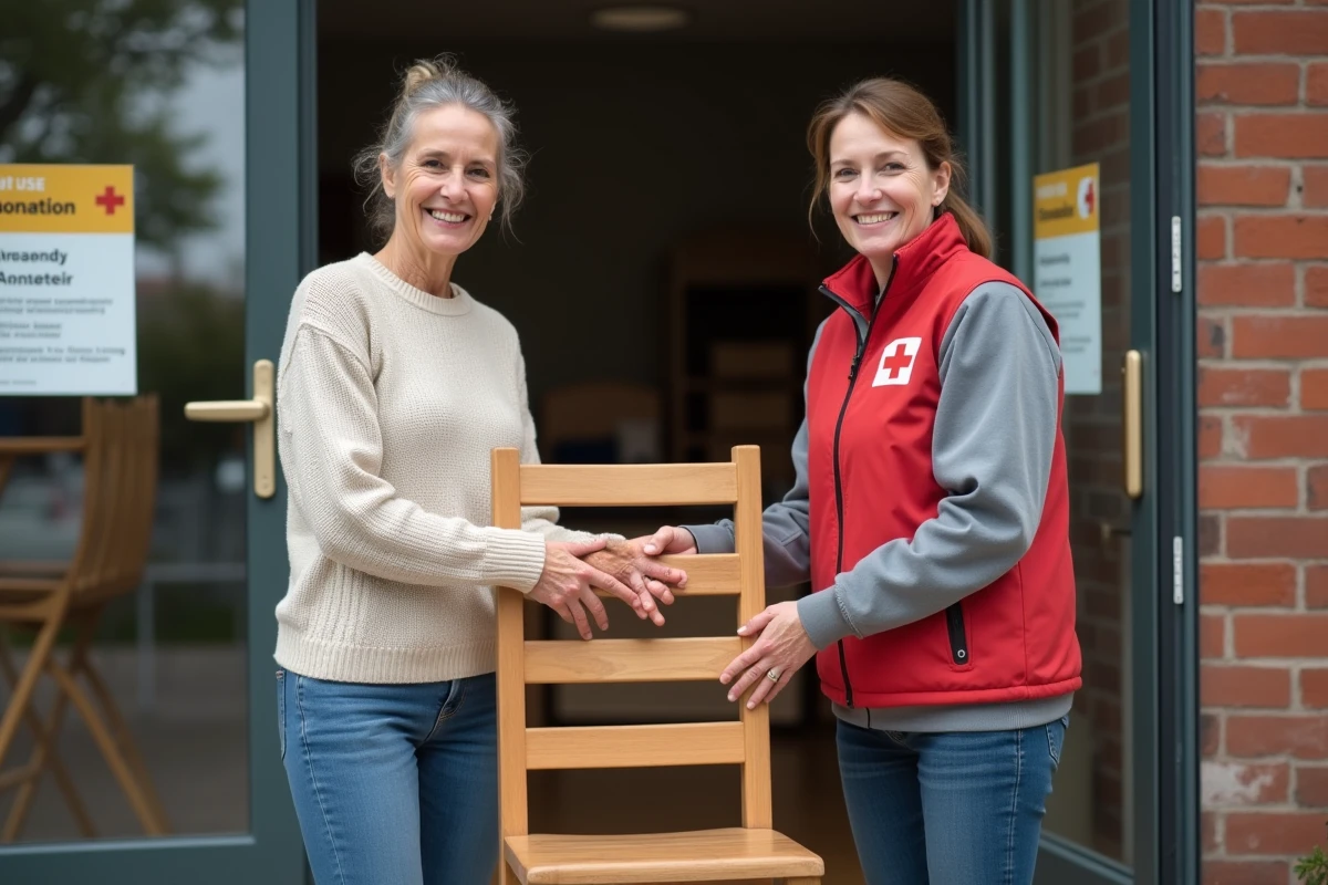 Femme souriante donnant une chaise en bois à un bénévole de la Croix Rouge