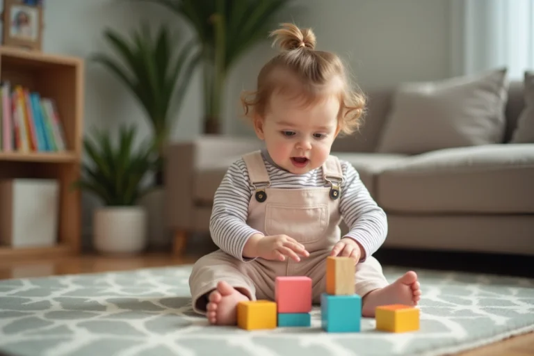 Petite fille de 20 mois joue avec des blocs en famille