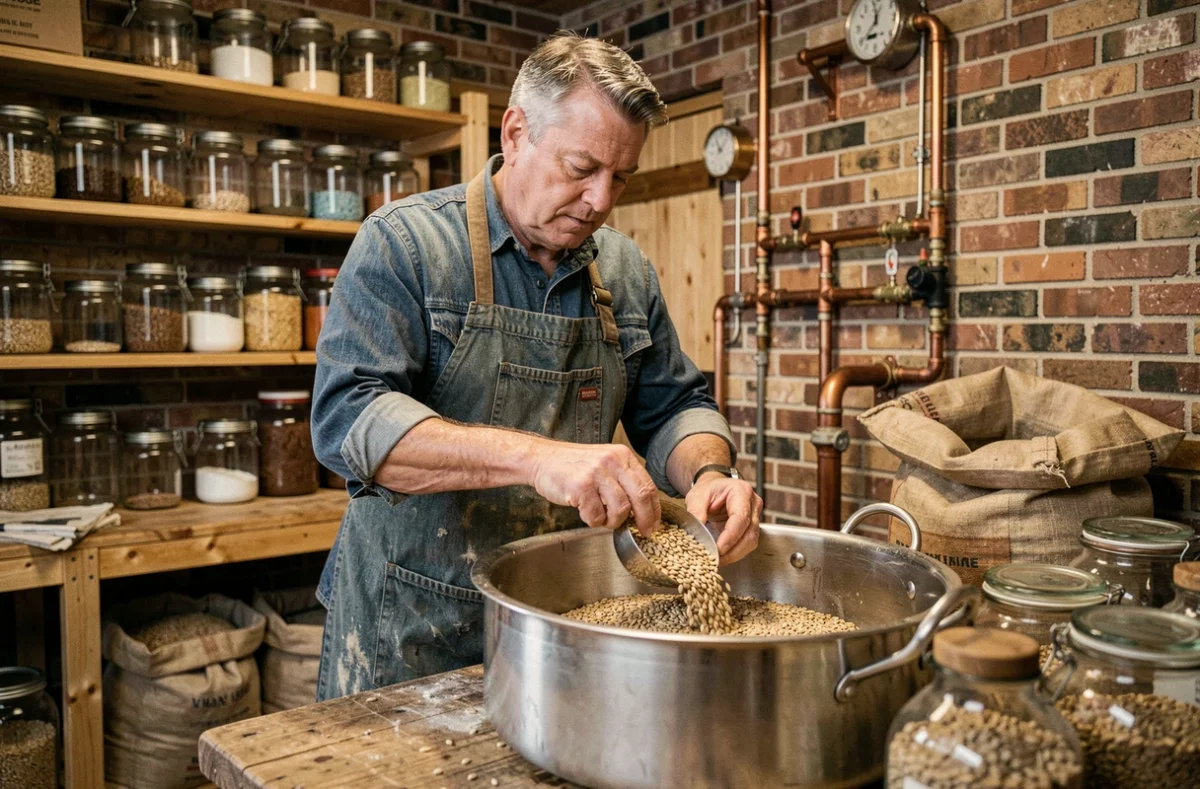 Homme mesurant du malt d'orge pour fabriquer du whisky maison dans un atelier de distillation artisanale