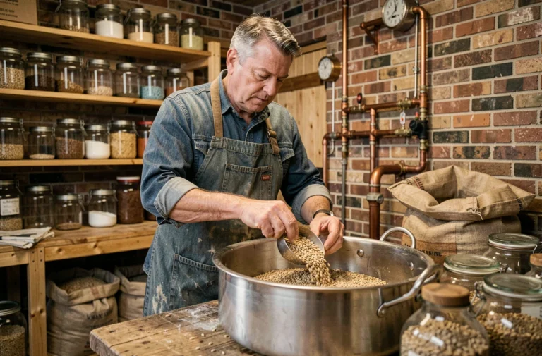 Homme mesurant du malt d'orge pour fabriquer du whisky maison dans un atelier de distillation artisanale