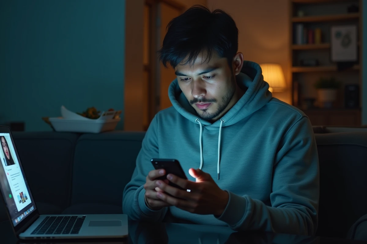 Personne seule dans un appartement consultant obsessionnellement le profil d'une personnalité publique sur smartphone, représentant les dérives du harcèlement numérique et la curiosité excessive des fans