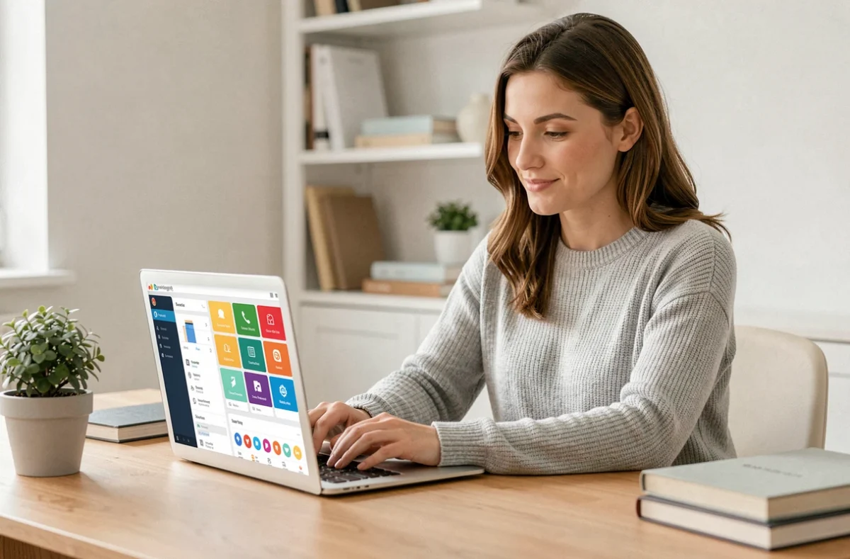 Femme accédant à la plateforme Lozzoo en ligne depuis son bureau à domicile sur un ordinateur portable
