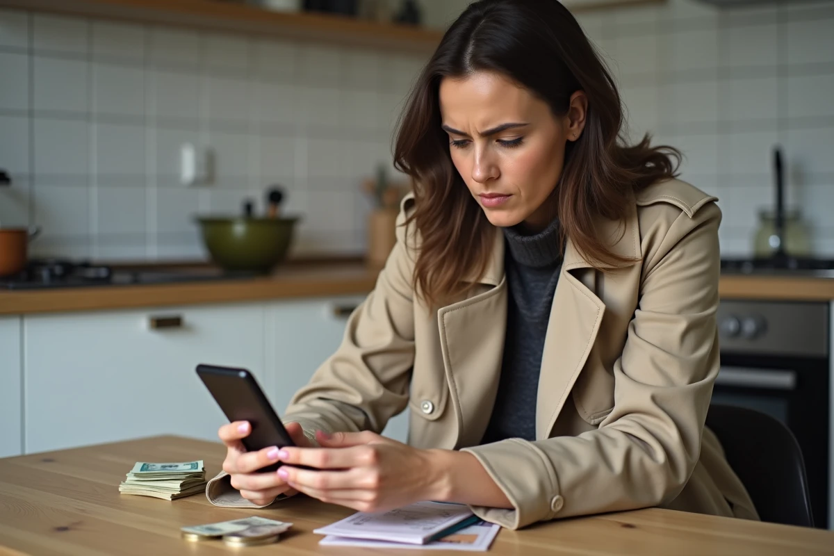Femme consultant son application bancaire Nickel avec des billets posés sur une table de cuisine après un dépôt refusé