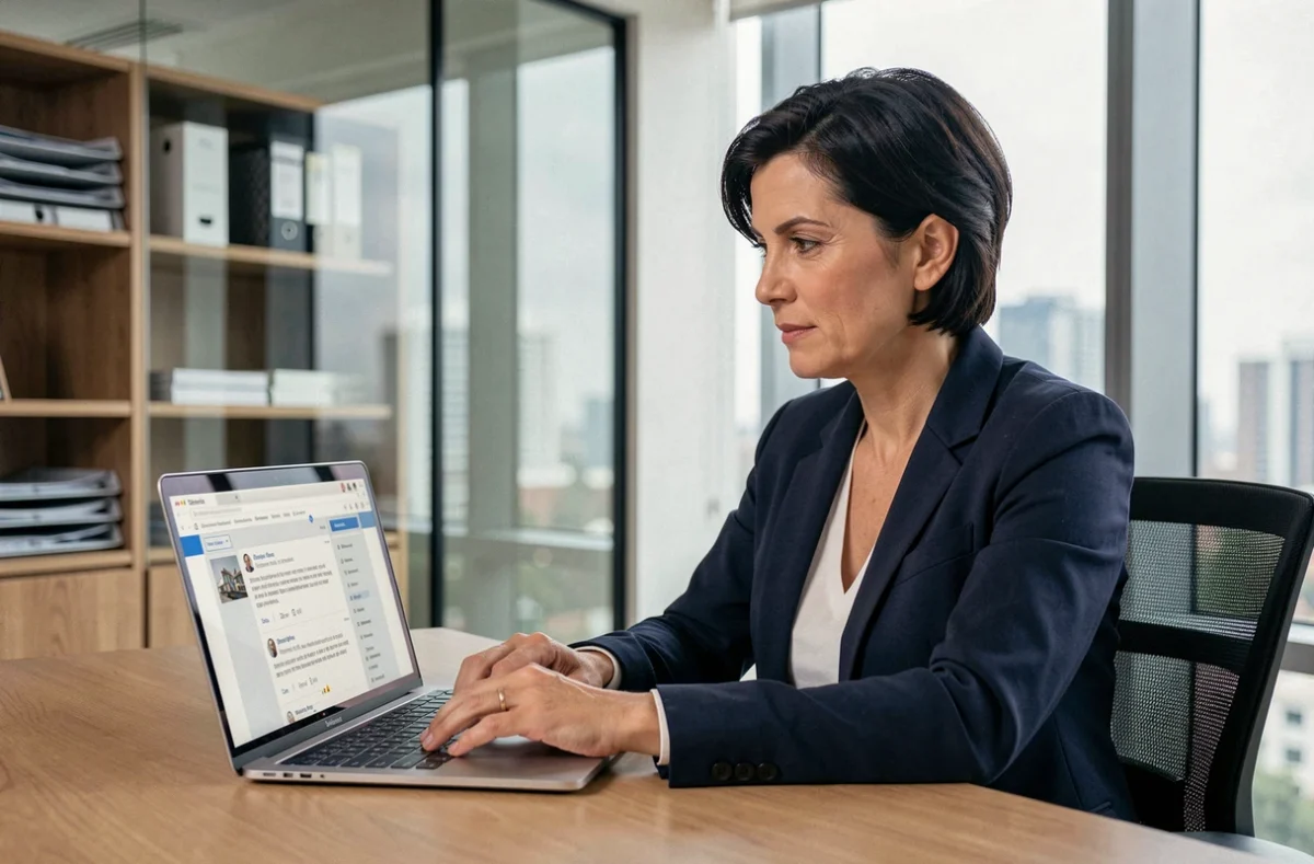 Femme consultant des avis clients sur un ordinateur portable dans une agence immobilière moderne