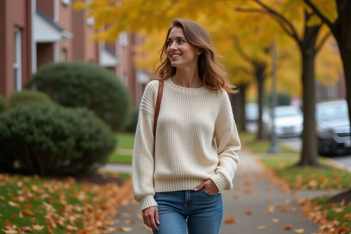 Femme en balade automnale dans un quartier résidentiel