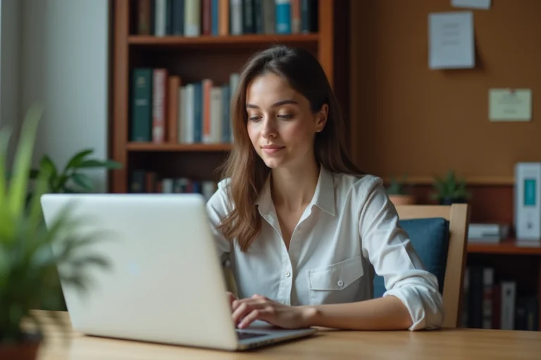 Jeune femme au bureau regardant son ordinateur portable
