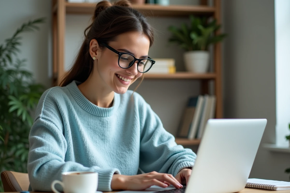 Jeune femme au bureau avec ordinateur portable