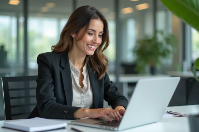 Femme en blazer au bureau avec ordinateur portable