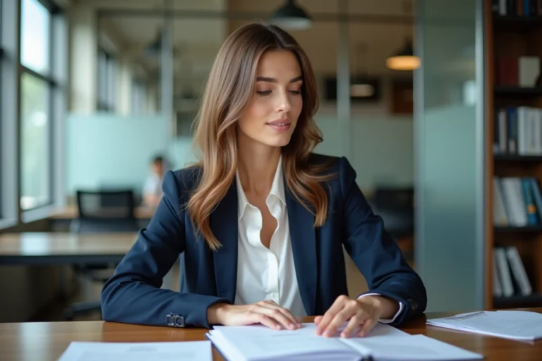 Femme en bureau professionnel regardant des papiers