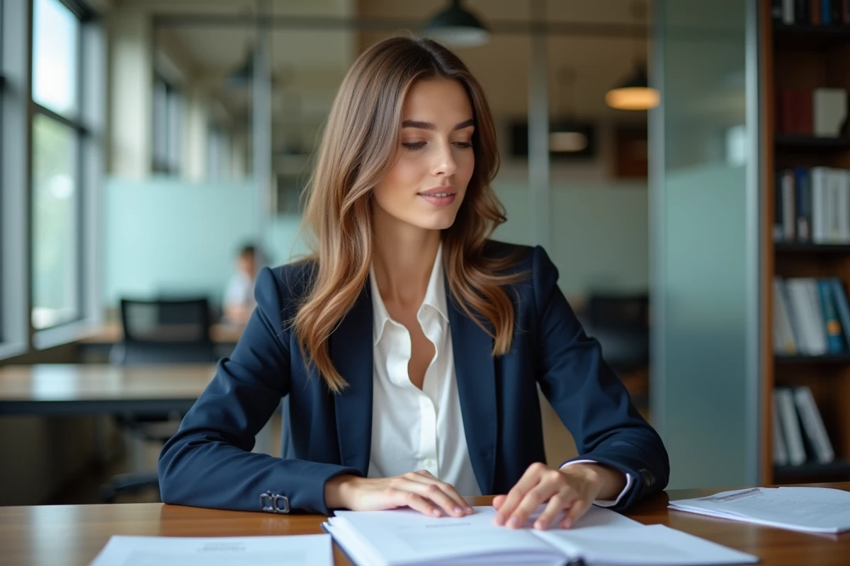 Femme en bureau professionnel regardant des papiers