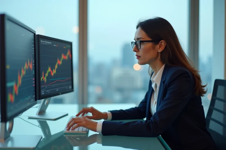 Femme cadre analysant des graphiques financiers sur double écran dans un bureau moderne avec vue sur la ville