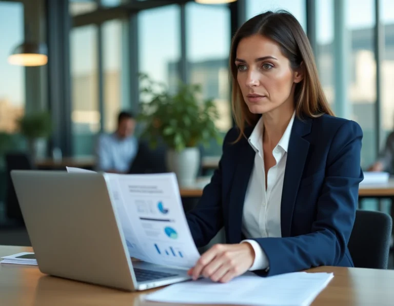 Femme cadre en entreprise consultant des documents sur la fiscalité de l'épargne salariale à son bureau