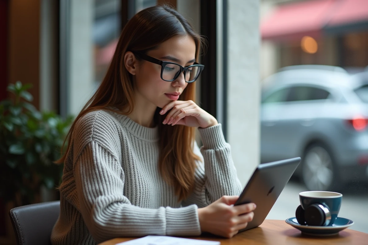 Femme lisant une webpage dans un café avec tablette