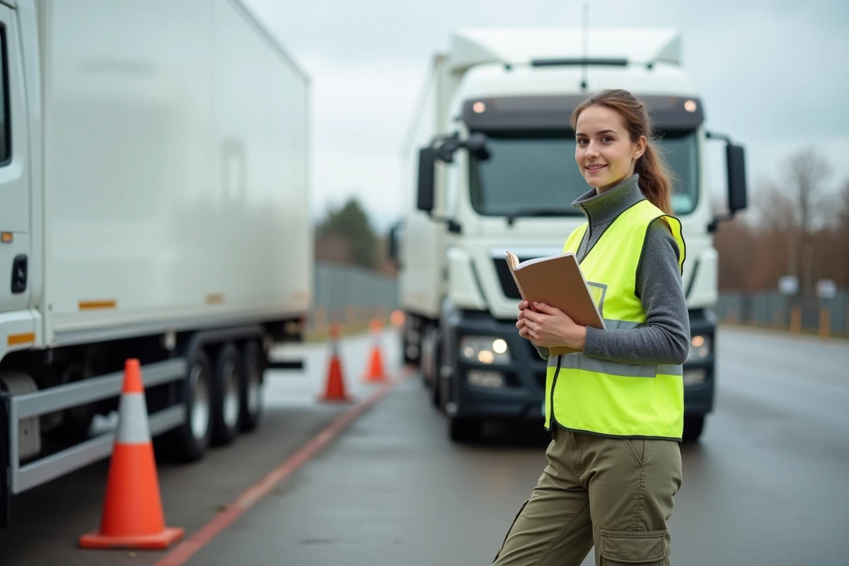 Femme conductrice avec permis devant un camion dans un centre de formation