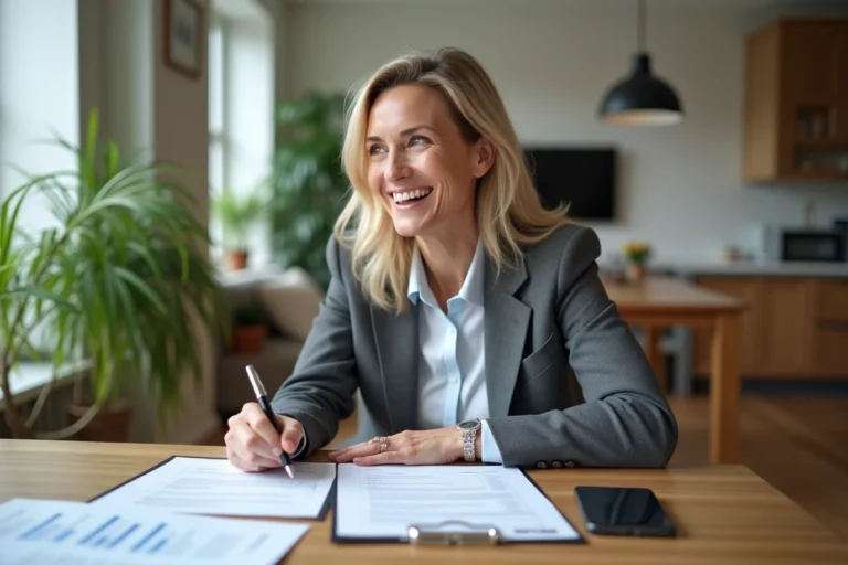 Femme confiante examinant des documents immobiliers