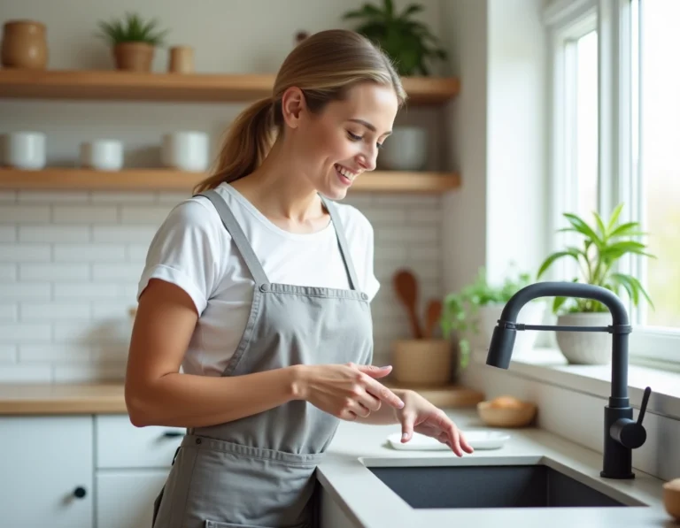 Femme examinant un robinet intelligent dans une cuisine moderne équipée, illustration des équipements essentiels pour améliorer l'habitat