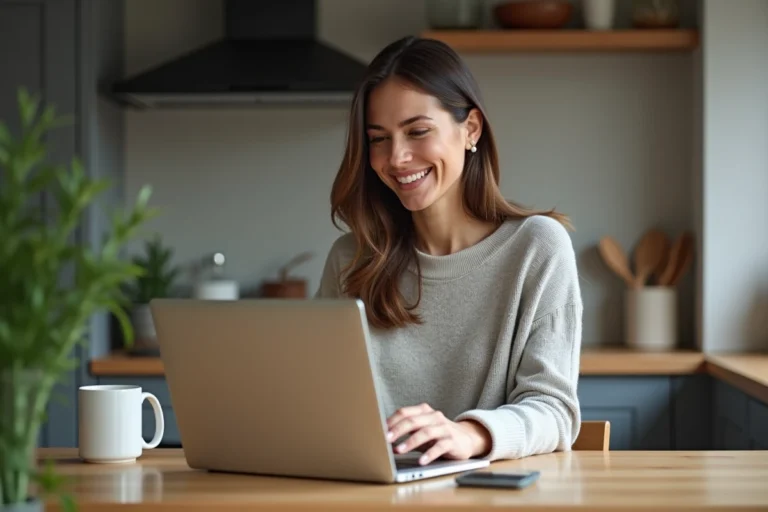 Femme souriante travaillant sur son ordinateur portable à la maison