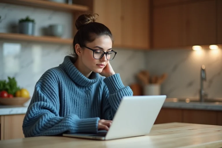 Femme en cuisine regardant des recettes sur un ordinateur portable