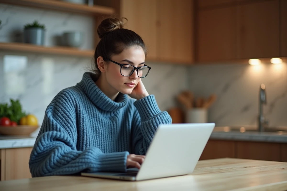 Femme en cuisine regardant des recettes sur un ordinateur portable