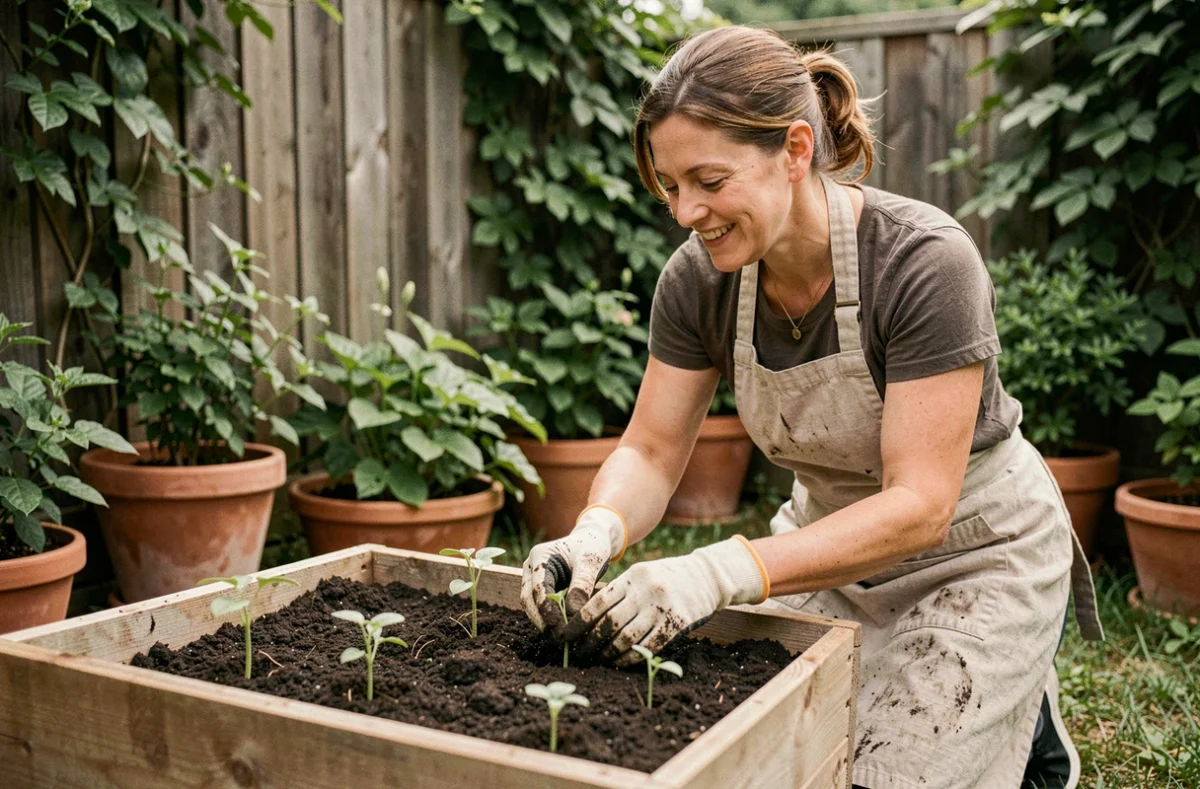 Femme jardinière qui transplante des semis dans un carré potager surélevé rempli de compost naturel, jardin écoresponsable