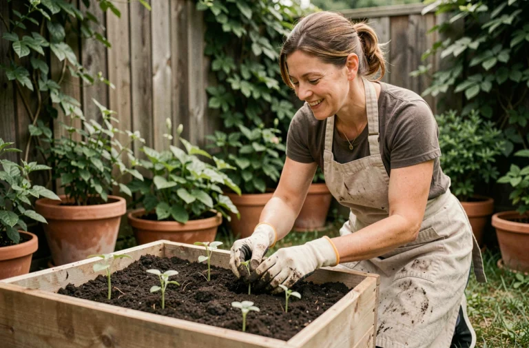 Femme jardinière qui transplante des semis dans un carré potager surélevé rempli de compost naturel, jardin écoresponsable